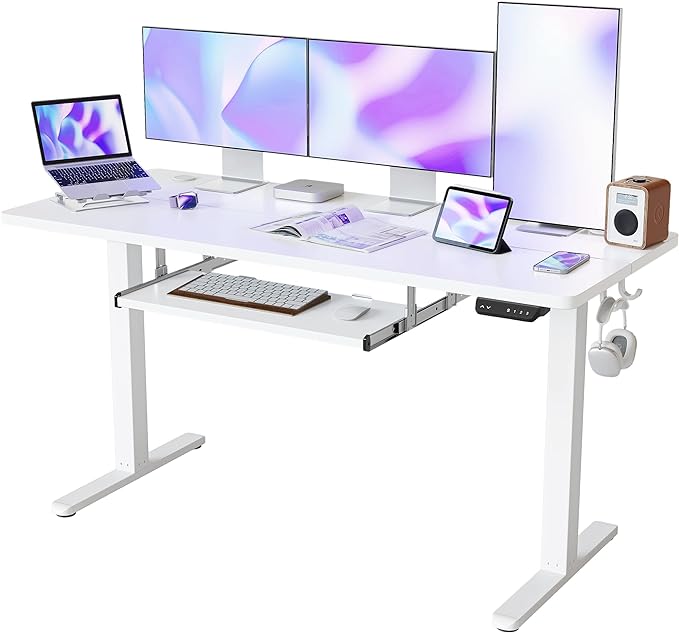 FEZIBO Standing Desk with Keyboard Tray, 63 × 24 Inches Electric Height Adjustable Desk, Sit Stand Up Desk, Computer Office Desk, White - LeafyLoom