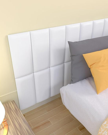Peel and Stick Headboard White Upholstered Wall Panels, 4 Panels Sized 7.8" x 15.7", 3D Anti-Collision Soundproof Self-Adhesive Wall Panel for Bedroom，Living Room - LeafyLoom