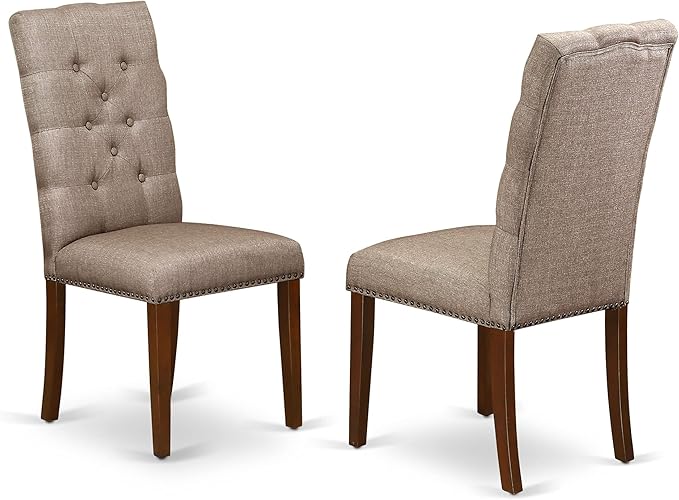 East West Furniture HBEL3-MAH-16 Hartland 3 Piece Room Furniture Set Contains a Round Dining Table with Pedestal and 2 Dark Khaki Linen Fabric Upholstered Chairs, 42x42 Inch - LeafyLoom