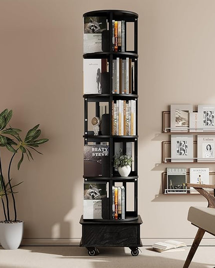 Solid Wood Rotating Book Shelf, 360° Display Bookcase with Drawer, 5-Tier Mobile Bookshelf with Wheels, 79" Tall Bookcase for Narrow Space, Spinning Bookshelf Tower for Home Office, Study Room, Black - LeafyLoom