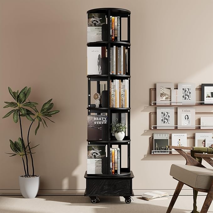 Solid Wood Rotating Book Shelf, 360° Display Bookcase with Drawer, 5-Tier Mobile Bookshelf with Wheels, 79" Tall Bookcase for Narrow Space, Spinning Bookshelf Tower for Home Office, Study Room, Black - LeafyLoom
