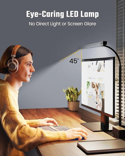 SUPERDANNY LED Desk Lamp for Office Home, Eye-Caring Desk Light with Adjustable Gooseneck, 12W Touch Control Dimmable Brightness, Architect Clamp Lamp with USB Adapter, Grey - LeafyLoom