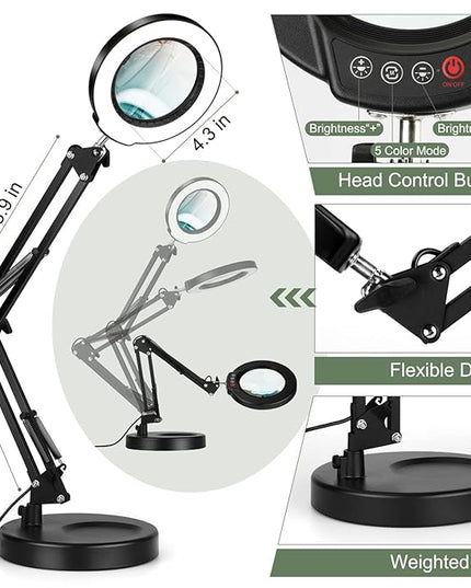8X Magnifying Glass with Light and Stand, Upgrade Button 5 Color Modes Stepless Dimmable, 2-in-1 LED Lighted Magnifier Light, Hands Free Desk Lamp with Clamp for Craft Hobby Reading Close Work - LeafyLoom
