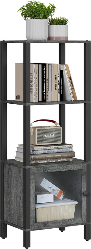 TUTOTAK 4 Tier Bookcase and Bookshelf, Narrow Book shelf with Door for Small Space, for Living Room, Office, Study, Entryway, Charcoal Grey BS03BY004 - LeafyLoom