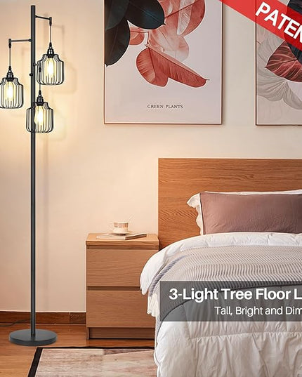 Dimmable Floor Lamp with 3 x 800LM LED Edison Bulbs,Tall Standing Lamp for Living Room,Farmhouse Black Corner Floor Lamp,Bright Industrial Rustic Vintage Tree Pole Light with Cage for Bedroom Office - LeafyLoom
