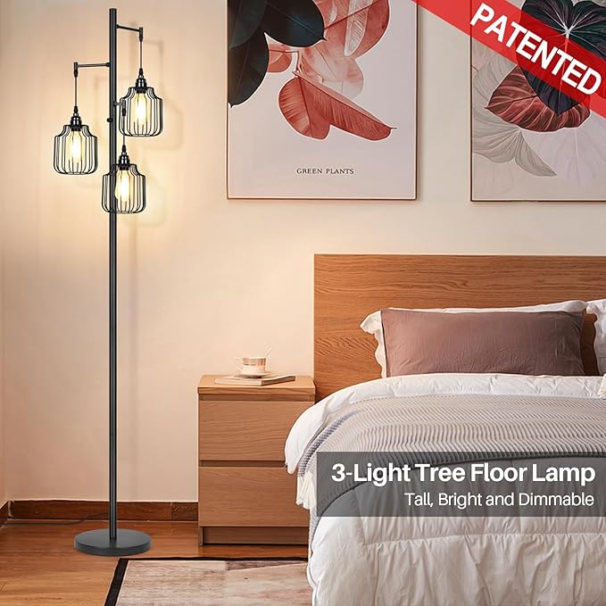 Dimmable Floor Lamp with 3 x 800LM LED Edison Bulbs,Tall Standing Lamp for Living Room,Farmhouse Black Corner Floor Lamp,Bright Industrial Rustic Vintage Tree Pole Light with Cage for Bedroom Office - LeafyLoom