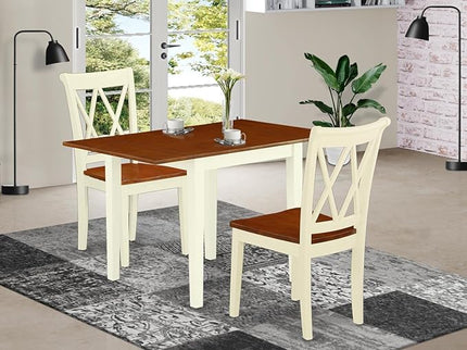 East West Furniture NDCL3-WHI-W Norden 3 Piece Kitchen Set for Small Spaces Contains a Rectangle Room Table with Dropleaf and 2 Dining Chairs, 30x48 Inch, Buttermilk & Cherry - LeafyLoom