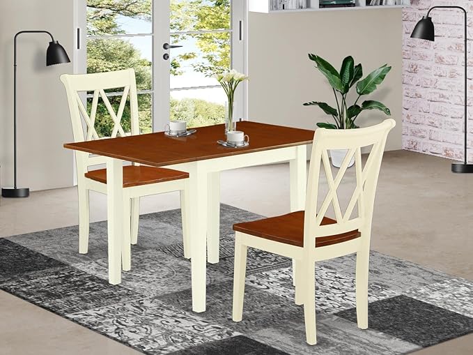 East West Furniture NDCL3-WHI-W Norden 3 Piece Kitchen Set for Small Spaces Contains a Rectangle Room Table with Dropleaf and 2 Dining Chairs, 30x48 Inch, Buttermilk & Cherry - LeafyLoom