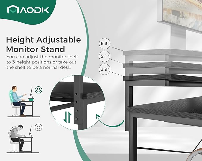 AODK Computer Desk with Keyboard Tray, 48 Inch Gaming Desk with Power Outlet, Office Desk with Drawer, Reversible Desk with Adjustable Monitor Shelf and Storage Shelf for Home, Black - LeafyLoom