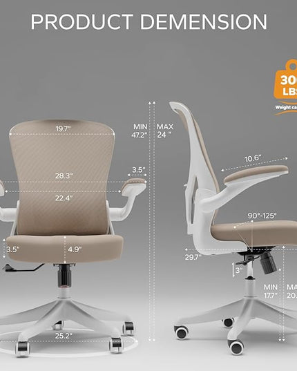 Mid Back Ergonomic Chair For Computer Home Desk with Flip-Armrest & Cushion for Lumbar Support, Thickened Cushion Desk Chairs Khaki - LeafyLoom