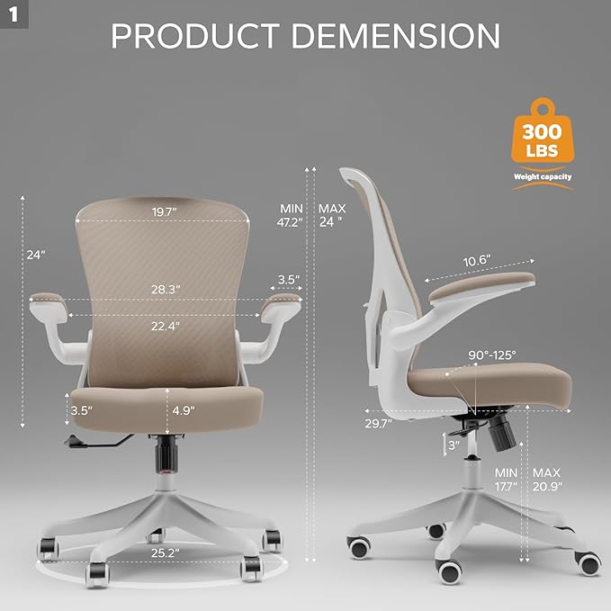 Mid Back Ergonomic Chair For Computer Home Desk with Flip-Armrest & Cushion for Lumbar Support, Thickened Cushion Desk Chairs Khaki - LeafyLoom