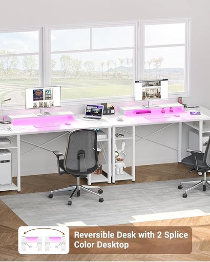 armocity Computer Desk with LED Lights, 48 Inch Reversible Large Desk with Power Outlet and USB, 48'' Gaming PC Table with Moveable Monitor Stand for Home Office, Workstation, White - LeafyLoom