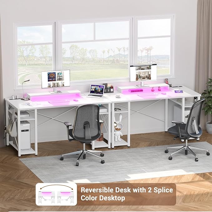 armocity Computer Desk with LED Lights, 48 Inch Reversible Large Desk with Power Outlet and USB, 48'' Gaming PC Table with Moveable Monitor Stand for Home Office, Workstation, White - LeafyLoom