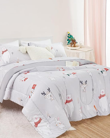 Kids Christmas Comforter Set Full for Boys Girls, Cute Reversible Quilted Bear Snowmen Reindeer Bunny Printed Bedding Set with Pillow Sham, Lightweight Soft Breathable Washable Bed Set 3 Piece - LeafyLoom
