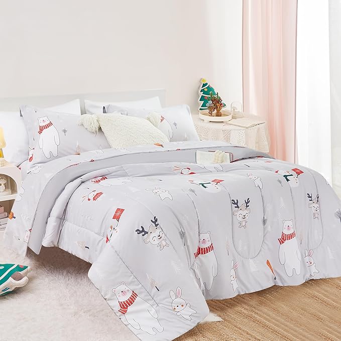 Kids Christmas Comforter Set Twin for Boys Girls, Cute Reversible Quilted Bear Snowmen Reindeer Bunny Printed Bedding Set with Pillow Sham, Lightweight Soft Breathable Washable Bed Set 2 Piece - LeafyLoom