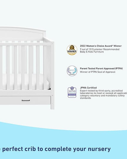 Graco Benton 5-in-1 Convertible Crib with Drawer (White) - Converts from Baby Crib to Toddler Bed, Daybed and Full-Size Bed, Fits Standard Full-Size Crib Mattress, Adjustable Mattress Support Base - LeafyLoom