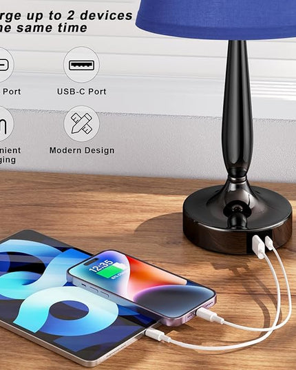 Kakanuo Touch Bedside Lamp for Bedroom with USB C Port, Small Touch Table Lamp with 2 USB Charging Ports, 3 Way Dimmable Nightstand Lamp for Living Room and Office - Royal Blue (LED Bulb Included) - LeafyLoom