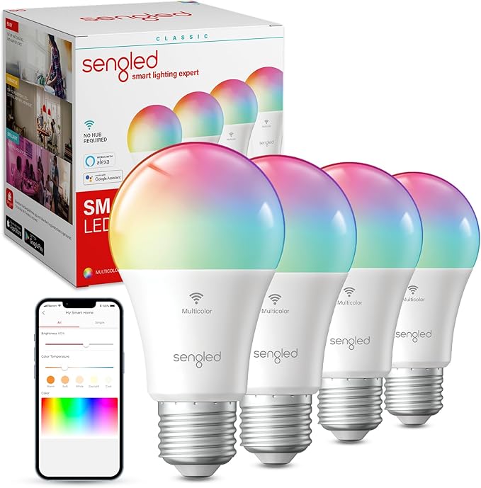 Sengled WiFi Color Changing Light Bulb, Alexa Smart Light Bulbs that Work with Alexa & Google Assistant, A19 RGB No Hub Required, 75 W Equivalent 800LM CRI>90, Set of 4 Sengled