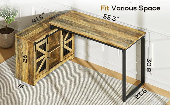 Rustic Corner Desk with Storage, L Shaped Farmhouse Office Desk with Sufficient Storage Capacity, Built-in Power Socket and Barn Door Design - LeafyLoom