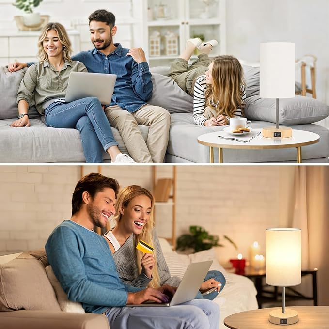 AKASUKI Table Lamp for Bedroom, 3 Way Dimmable Touch Lamp with Dual Charging Station, Small Bedside Lamps for Night Stands, Living Room, Office(LED Bulb Included) - LeafyLoom