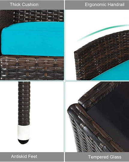 LUARANE 4-Piece Rattan Patio Furniture Set, Outdoor Wicker Sofa Couch Table Set, w/Thick Seat Cushions Tempered Glass Coffee Table, Conversation Set for Lawn Garden Poolside Backyard (Turquoise) - LeafyLoom