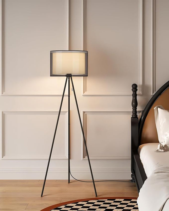 KDG Modern Floor Lamp for Living Room, Tall Tripod Floor Lamp Corner Lighting, Fabric Lampshade LED Bulb Bright Pole Light, High Light for Bedroom, Reading, Office, Study Room, Warm Light(Black) - LeafyLoom