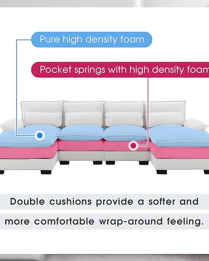 U Shaped Modular Sectional Sofa with Double Chaise Lounge, Chenille Upholstered Symmetrical Cloud Couch with Solid Wood Legs and Waist Pillows, 6 Seater Large Sofa&Couch for Living Room Office - LeafyLoom