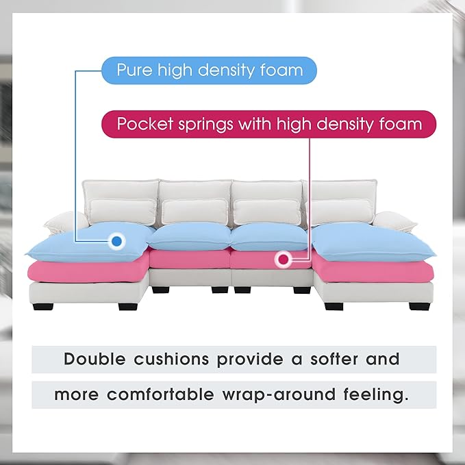 U Shaped Modular Sectional Sofa with Double Chaise Lounge, Chenille Upholstered Symmetrical Cloud Couch with Solid Wood Legs and Waist Pillows, 6 Seater Large Sofa&Couch for Living Room Office - LeafyLoom