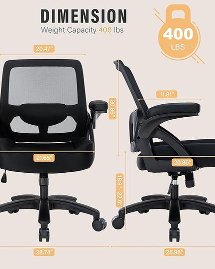 Big and Tall Office Chair 400lb- Mesh Ergonomic Heavy Duty Desk Chair- Flip Arms, Plus Size Wide Seat Executive Computer Chair for Large People- Home Office Swivel Rolling Task Chairs - LeafyLoom