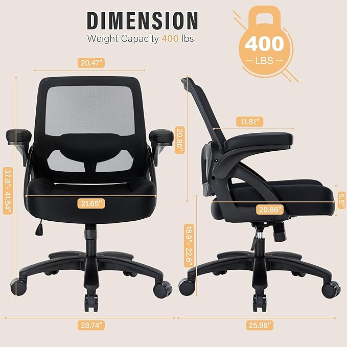 Big and Tall Office Chair 400lb- Mesh Ergonomic Heavy Duty Desk Chair- Flip Arms, Plus Size Wide Seat Executive Computer Chair for Large People- Home Office Swivel Rolling Task Chairs - LeafyLoom