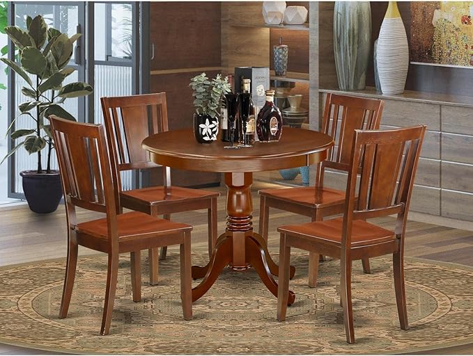 East West Furniture ANDU5-MAH-W Antique 5 Piece Kitchen Set Includes a Round Room Table with Pedestal and 4 Dining Chairs, 36x36 Inch, Mahogany - LeafyLoom