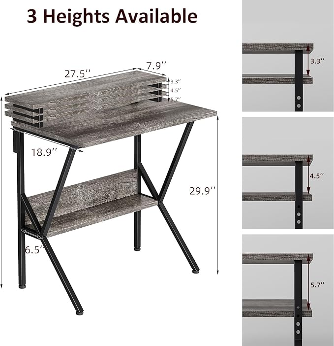 COTUBLR Small Desk, Small Computer Desk for Small Spaces, 27.5 Inch Computer Desk with Adjustable Monitor Stand, Compact Desk with Storage, Tiny Desk Study Desk for Bedroom Home Office, Grey - LeafyLoom