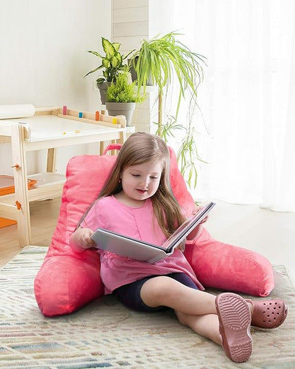 Clara Clark Reading Pillow for Kids, Small Back Pillow for Sitting Up in Bed, Memory Foam Back Support Pillow, Reading Pillows for Sitting in Bed, Light Pink Gaming Pillow with Arms and Pockets - LeafyLoom