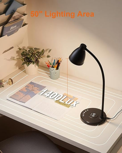 BOHON Desk Lamp for Home Office, LED Desk Light with USB C+A Charging Ports, Wireless Charger, 5 Colors Stepless Dimming Reading Light Timer, Touch Bedside Table Lamp for College Dorm Room Black - LeafyLoom