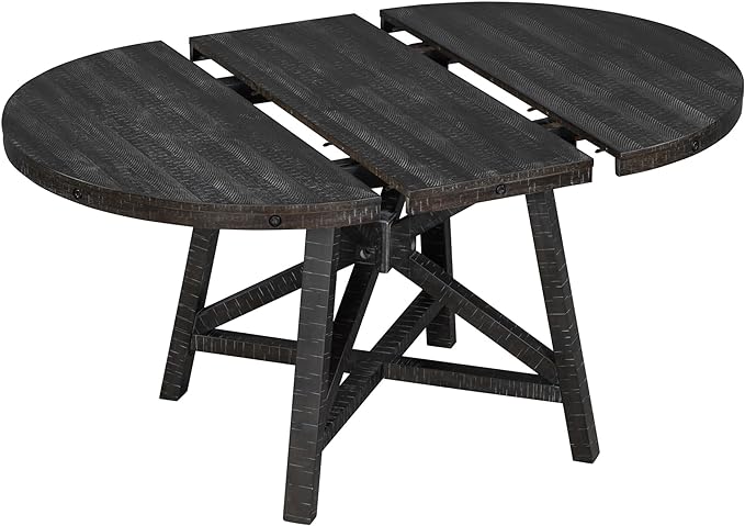 5-Piece Retro Wooden Round Extendable Dining Table Set with 4 Upholstered Chairs for Dinette Room and Kitchen (42", Black), 42"-58" L x 42" W x 30" H - LeafyLoom