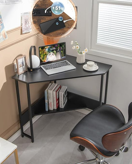 Corner Desk with Charging Station & USB Port, 90-degree Triangle Computer Workstation w/Storage Shelf, Metal Frame, Space-saving Laptop PC Desk for Small Space, Home Office (Black) - LeafyLoom