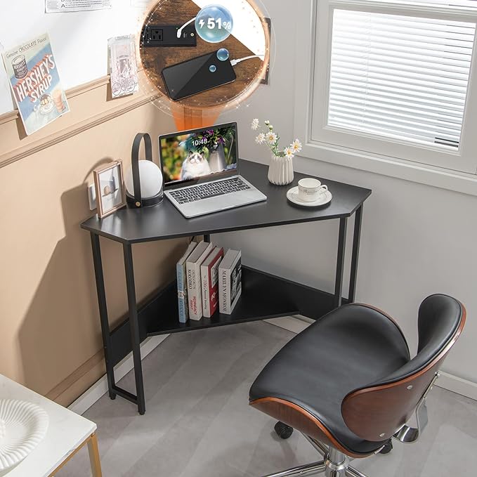 Corner Desk with Charging Station & USB Port, 90-degree Triangle Computer Workstation w/Storage Shelf, Metal Frame, Space-saving Laptop PC Desk for Small Space, Home Office (Black) - LeafyLoom