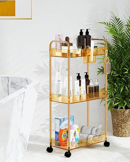 SPACEKEEPER 3 Tier Utility Storage Cart Rolling Bathroom Organizer, Transparency Mobile Shelving Unit Clear Rolling Utility Cart Multifunction, Amber - LeafyLoom