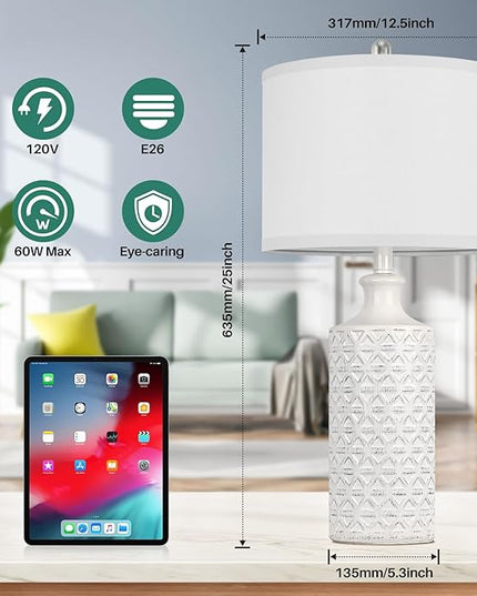 Brightever Ceramic Table Lamps Set of 2, 25'' Farmhouse Modern Nightstand Lamps for Living/Study Room, Bedroom, Office, Large Bedside Lamp with White Fabric Shade, Bulb not Included - LeafyLoom