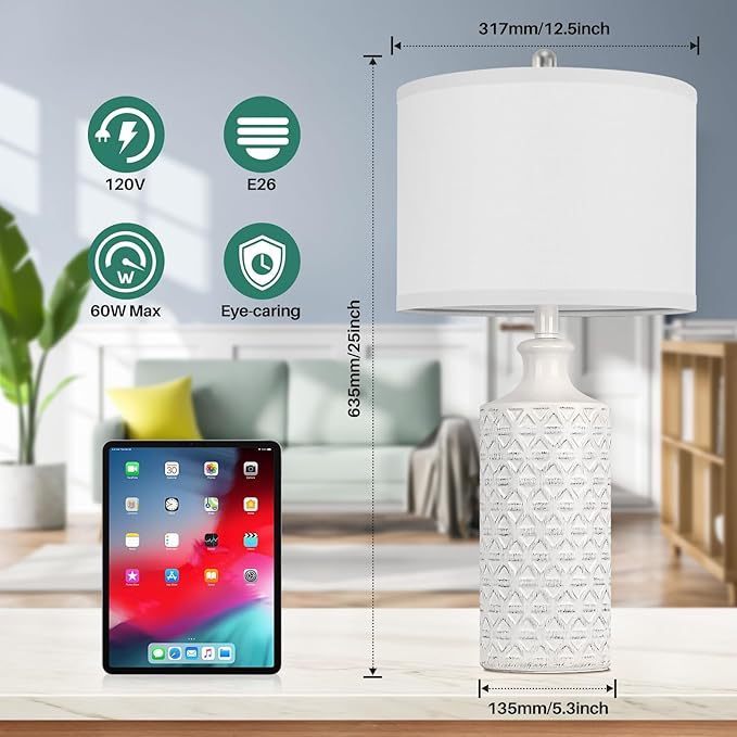 Brightever Ceramic Table Lamps Set of 2, 25'' Farmhouse Modern Nightstand Lamps for Living/Study Room, Bedroom, Office, Large Bedside Lamp with White Fabric Shade, Bulb not Included - LeafyLoom
