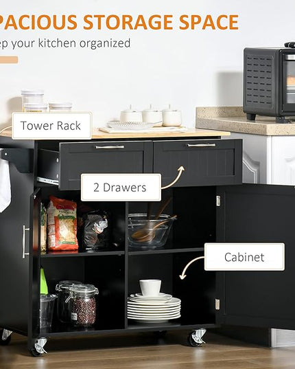HOMCOM 41" Modern Rolling Kitchen Island on Wheels, Utility Cart Storage Trolley with Rubberwood Top & Drawers, Black - LeafyLoom