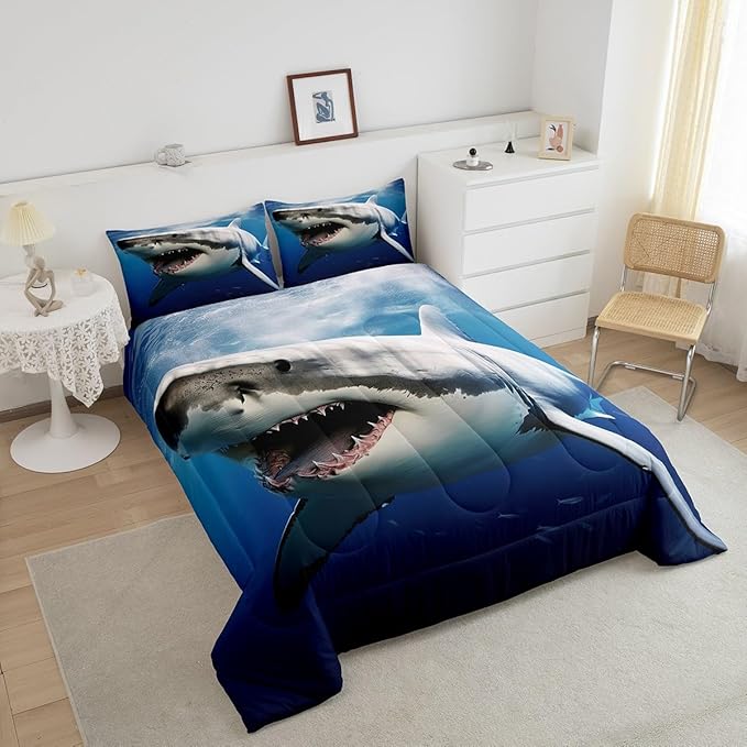 Kids Comforter Set for Boys Girls,3D Shark Fish Down Comforter 3 Piece Hawaiian Beach Theme Bedding Quilted Duvet Set Ocean Sea Animal Pattern Blue Duvet Insert for Toddler Teen Bedroom Decor,Queen - LeafyLoom