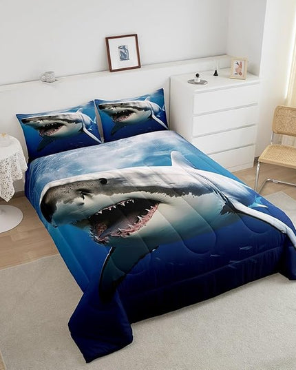 Kids Comforter Set for Boys Girls,3D Shark Fish Down Comforter 2 Piece Hawaiian Beach Theme Bedding Quilted Duvet Set Ocean Sea Animal Pattern Blue Duvet Insert for Toddler Teen Bedroom Decor,Twin - LeafyLoom