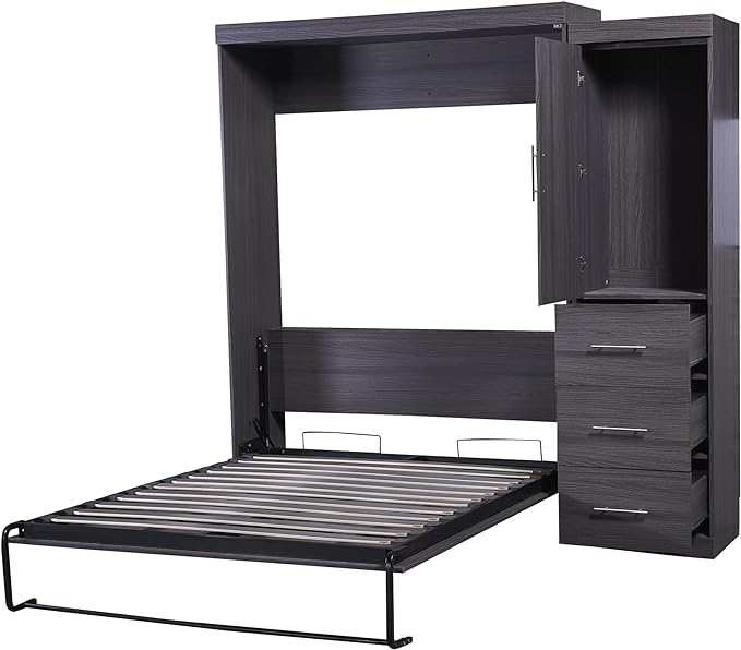 Full Size Murphy Bed, Multifunctional Storage Bed Wall Bed with 3 Drawers and Wardrobe, Can be Folded into a Cabinet, Ideal for Small Spaces Place, No Box Spring Needed, Gray - LeafyLoom