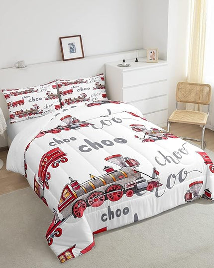 Cartoon Car Bedding Set Kids Train Comforter Set Boys Girls Choo-Choo Rail Roads Tracks Decor Comforter Microfiber Train Construction Duvet Set Bedroom Quilt Set Full Size - LeafyLoom