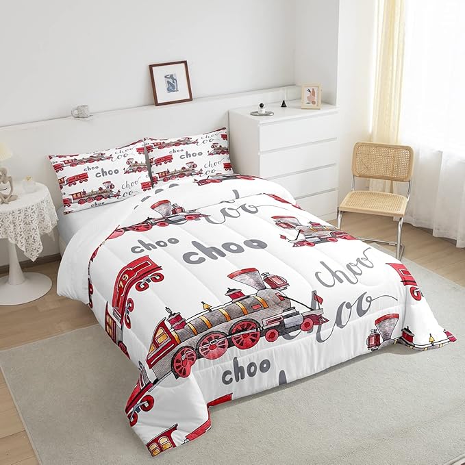 Feelyou Cartoon Car Bedding Set Kids Train Comforter Set Boys Girls Choo-Choo Rail Roads Tracks Decor Comforter Microfiber Train Construction Duvet Set Bedroom Quilt Set Queen Size - LeafyLoom