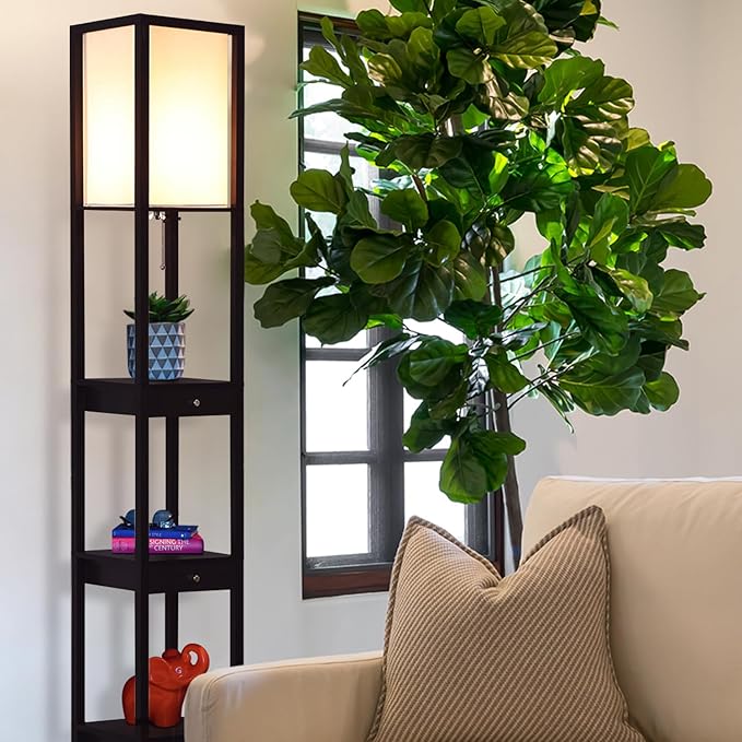 Brightech Maxwell Drawer Edition - Modern Shelf Floor Lamp with Drawer - Corner Display Floor Lamps with Shelves for Living Room, Bedroom and Office - Black - LeafyLoom