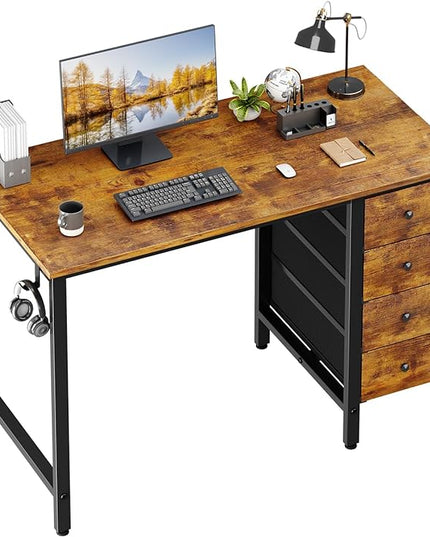 Lufeiya 40 inch Computer Desk with 4 Drawers, Kids Student Small Desks for Home Office Small Space, Work PC Desk Table for Bedroom, Rustic Brown - LeafyLoom