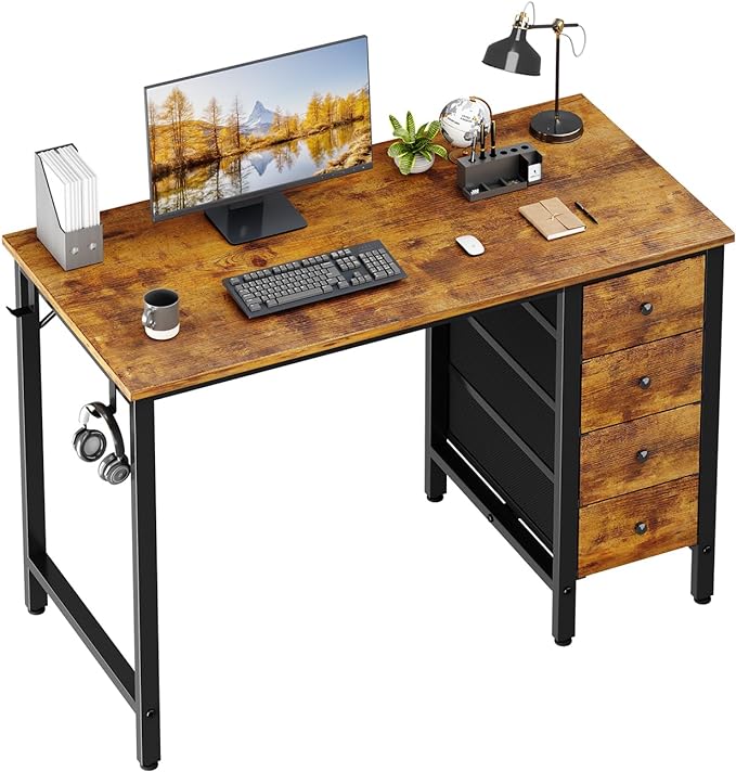 Lufeiya 40 inch Computer Desk with 4 Drawers, Kids Student Small Desks for Home Office Small Space, Work PC Desk Table for Bedroom, Rustic Brown - LeafyLoom