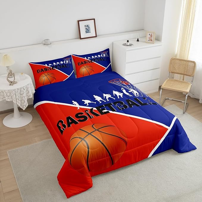 Erosebridal Basketball Twin Bedding Sets for Boys Girls Basketball Player Comforter Set Sports Bedding Comforter Sets for Kids Teen Orange Blue Geometric Quilt Duvet 1 Pillow Case Bedroom Dorm Decor - LeafyLoom